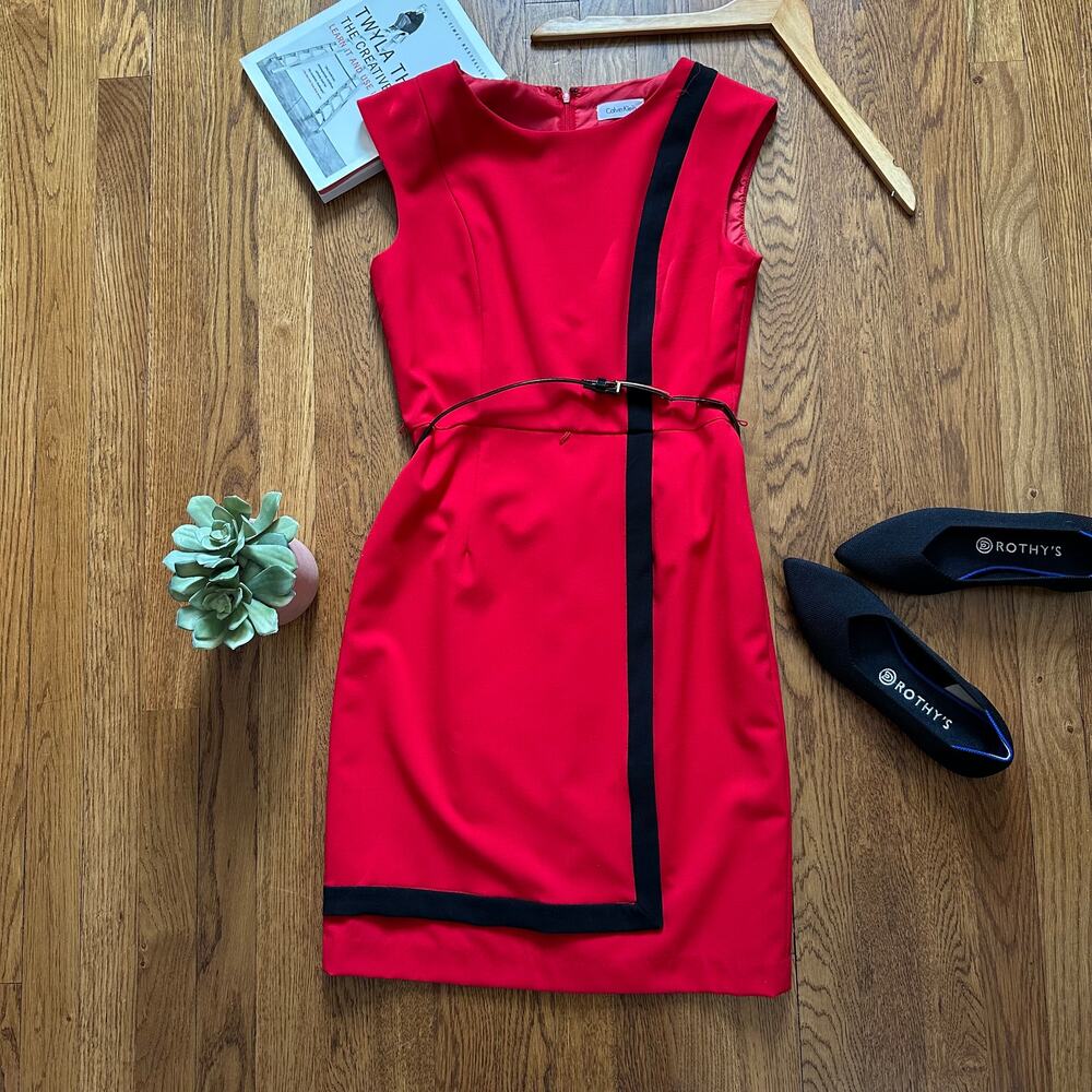 Calvin Klein Red & Black Sheath Dress with Black Belt